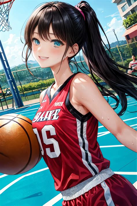 Anime girl with ponytail holding a basketball ball in a court - SeaArt AI