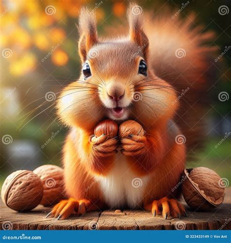 Charming Squirrel Stuffing Its Cheeks with Nuts, Photo V Stock