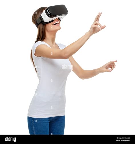 woman  virtual reality goggles stock photo alamy