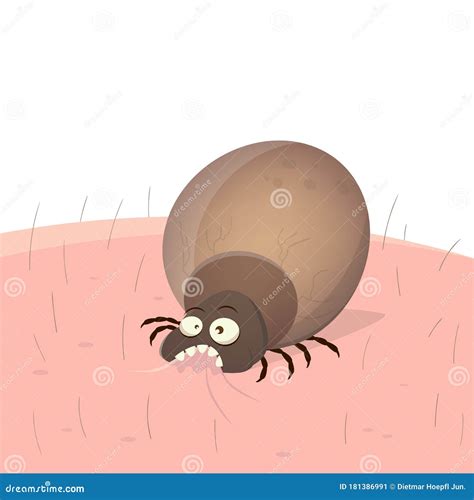 Funny Vector Illustration Of A Cartoon Tick On Human Skin ...