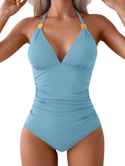 Snapklik.com : Women Ribbed One Piece Swimsuit Tummy Control Bathing