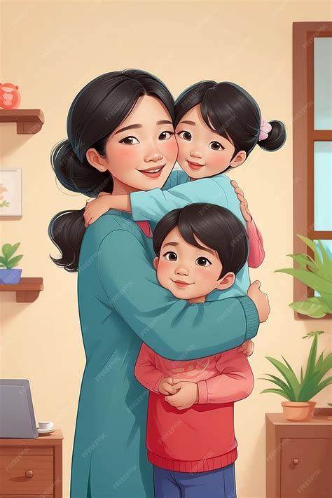 Premium Photo | Cartoon of Cute asian mother hugging her children