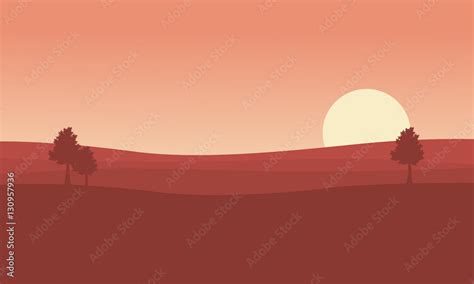 Silhouette of desert and tree at sunset landscape Stock Vector | Adobe ...