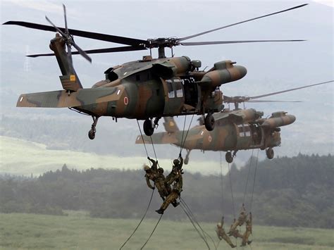 Japanese soldiers rappel from UH-60 Black Hawk helicopters during an ...