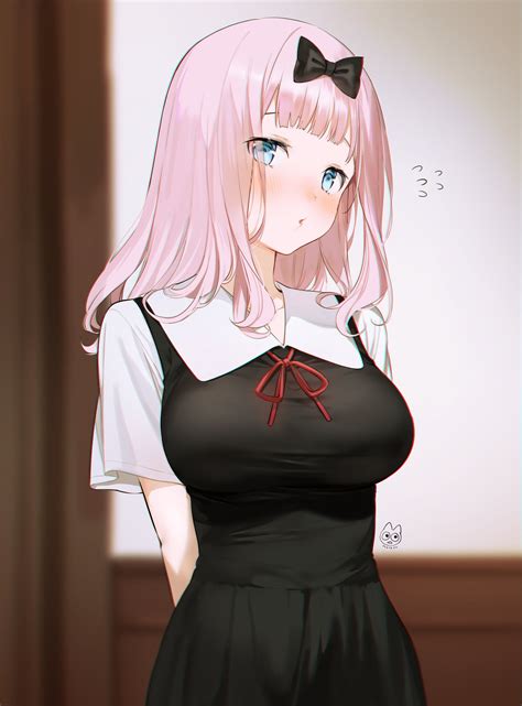 big boobs, long hair, pink hair, arm(s) behind back, blue eyes, looking