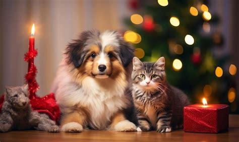 Premium AI Image | Dog and cat celebrating christmas near christmas tree