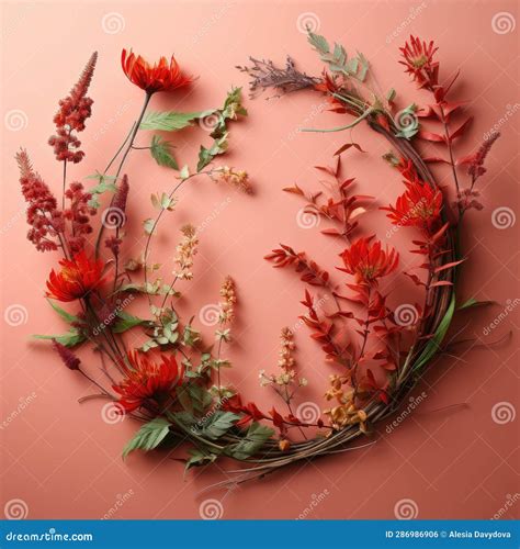 Wreath of Red Wild Flowers on a Pink Background. Floral Decor Stock