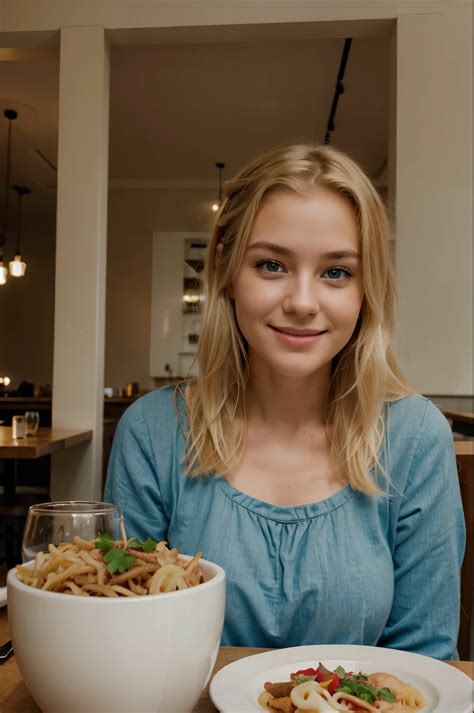 sitting in a restaurant and eating, young and cute face, chubby, cute