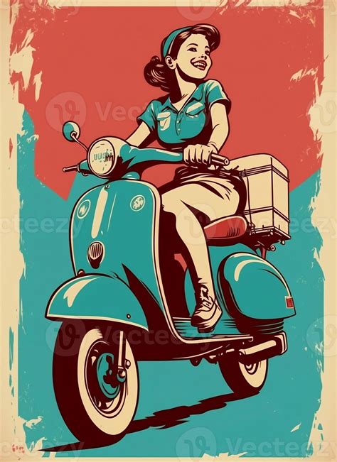 Vintage retro poster, woman on a moped. Advertising poster 50s, 60s