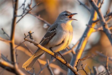 Northern Mockingbird Singing in Urban Park with nature background ...