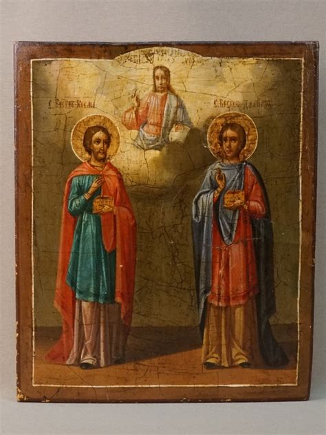 Икона «Святые Косьма и Дамиан», дерево, масло, 27 × 22см, XIX век ...