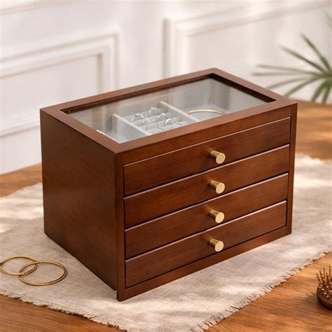 wooden jewelry box  drawer vanity storage organizer glass lid