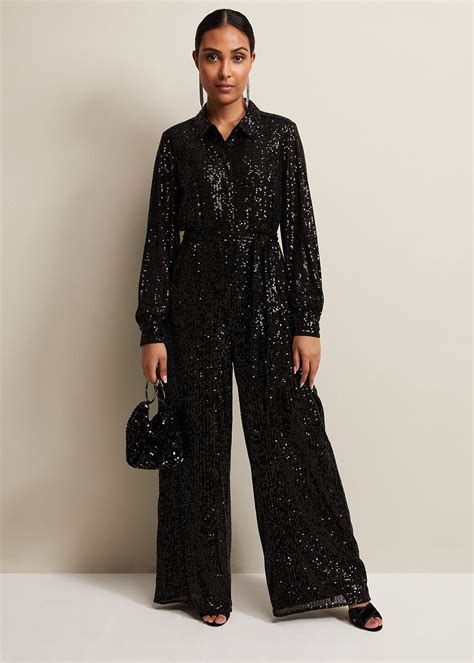 Petite Alessandra Black Sequin Jumpsuit | Phase Eight UK