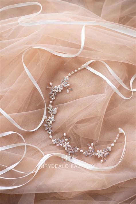 Wholesale Delicate Flower Pearl Rhinestone Halo With Ribbons