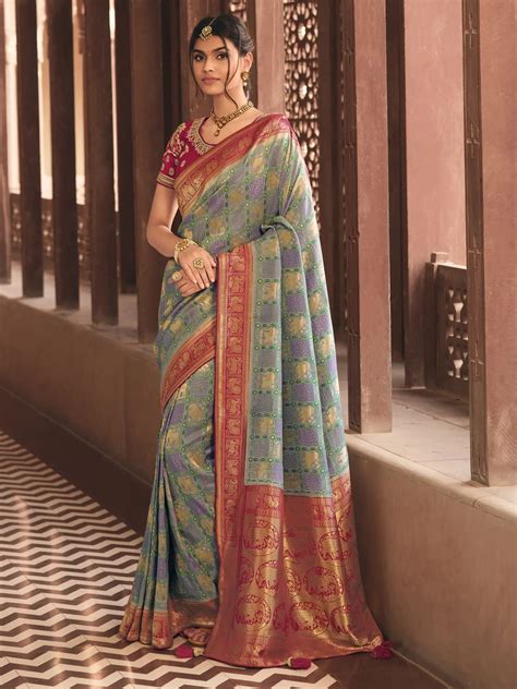 ghost gray silk designer saree  woven paisley  border