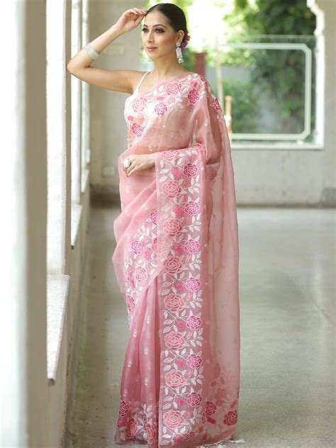pink organza silk saree  resham floral embroidery