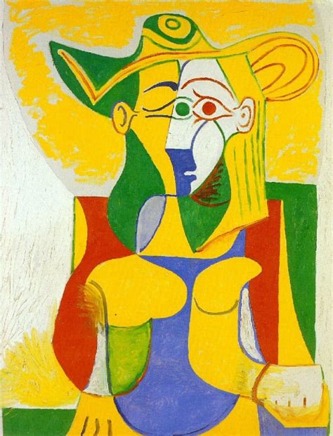 1962 Femme assise au chapeau jaune et vert (картина) — Пабло Пикассо ...