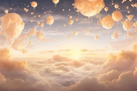Design a dreamy and ethereal backdrop with floating clouds and a golden ...