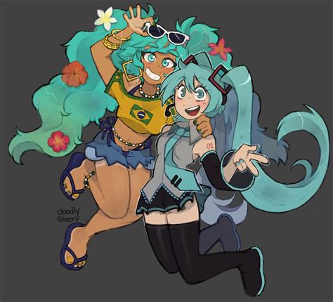 hatsune miku and brazilian miku (vocaloid) drawn by mitsuko_tan | Danbooru