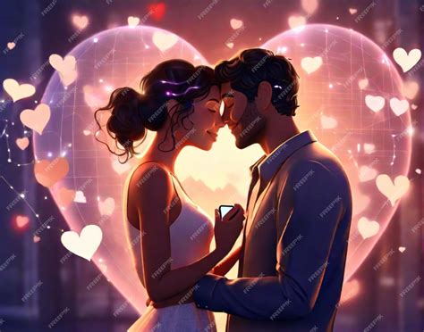 Premium Photo | A romantic couple in front of a holographic love shape