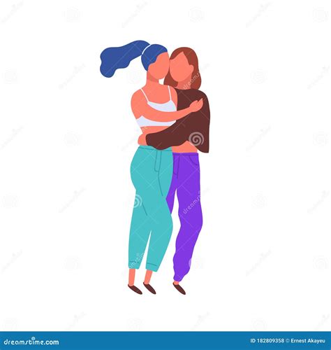 Cartoon Lesbian Women Couple, Kissing And Loving Vector Illustration
