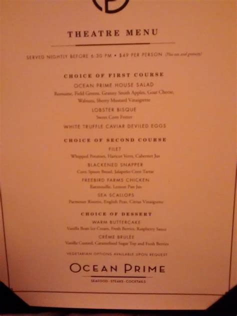 Menu at Ocean Prime steakhouse, Philadelphia