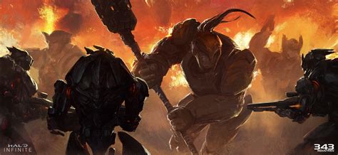 An early concept art for Halo Infinite depicting enslaved Sangheili. I