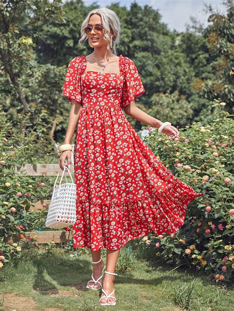 Red Boho Short Sleeve Polyester Floral A Line Embellished Non-Stretch