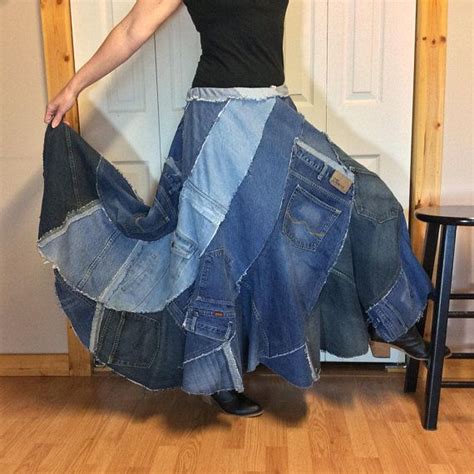 Upcycled Denim Maxi Skirt Plus Size Jean Skirt Long | Etsy | A line ...