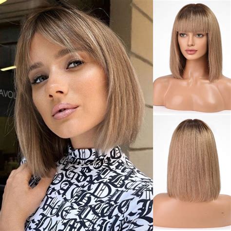 BLONDE UNICORN 12 Inch Bob Wig with Bangs Human Hair,Ash Brown Bob Wigs