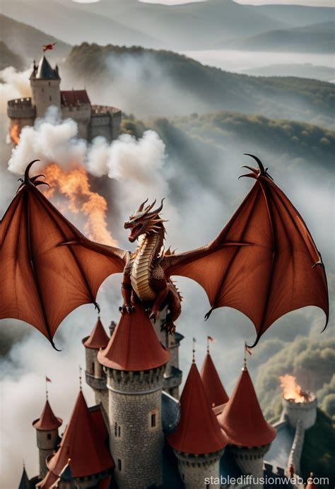 Dragon on Upside-Down Castle Spouting Fire | Stable Diffusion Online