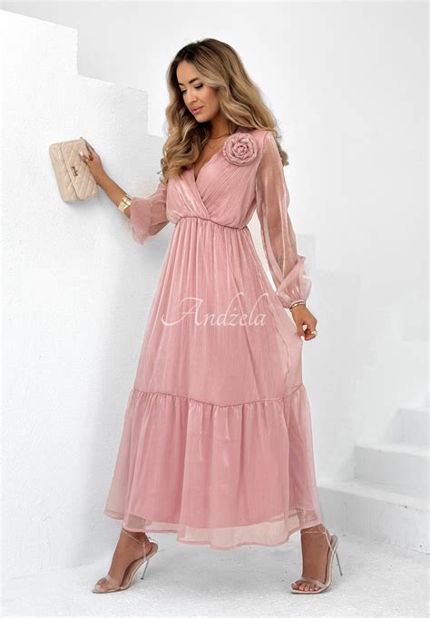Flowery Detail chiffon dress powder pink - Andżela Online Store