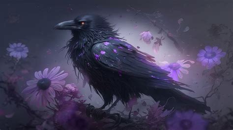 Mystical Raven Amongst Purple Florals - backiee
