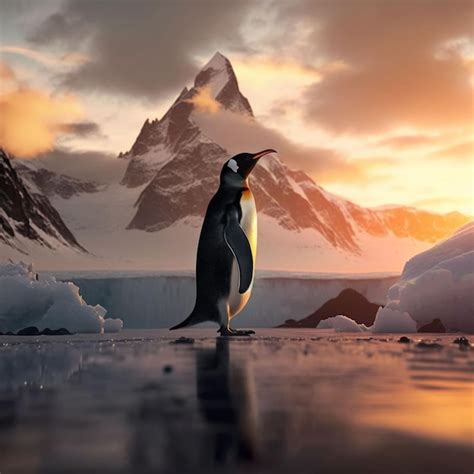 Premium AI Image | A penguin stands on an iceberg with mountains in the ...