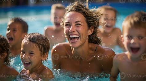 Female teacher giving swimming lessons to children in indoor pool