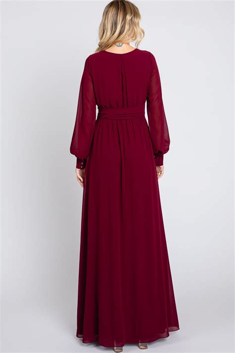 Burgundy Chiffon Wrap Gown – PinkBlush