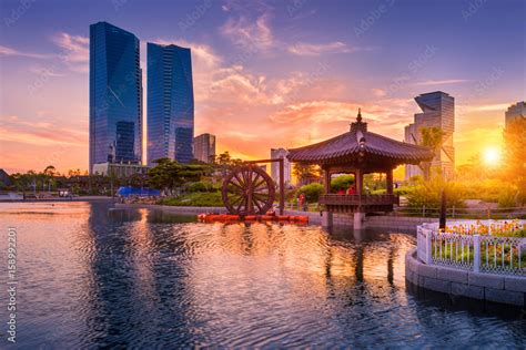 poster traditional  modern architecture  seoul city  sunset