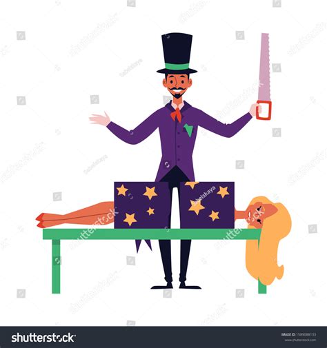Cartoon Magician Sawing Woman Half Magic Stock Vector (Royalty Free