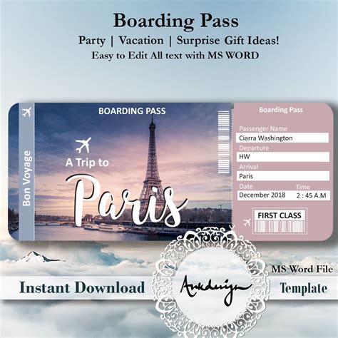 PARIS Ticket Airline Ticket Digital Download Airplane Ticket Boarding Pass Surprise Gift ...