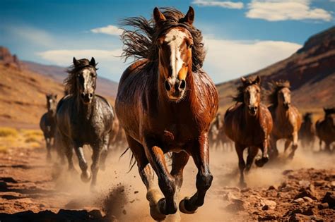 premium photo group  wild horses running   desert