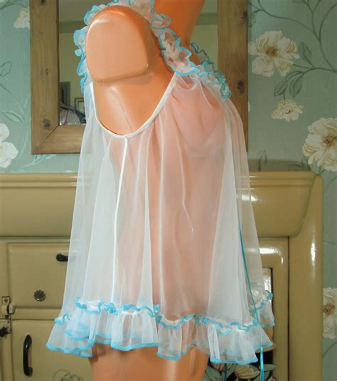 Vintage white blue soft sissy frilly sheer chiffon babydoll nightie