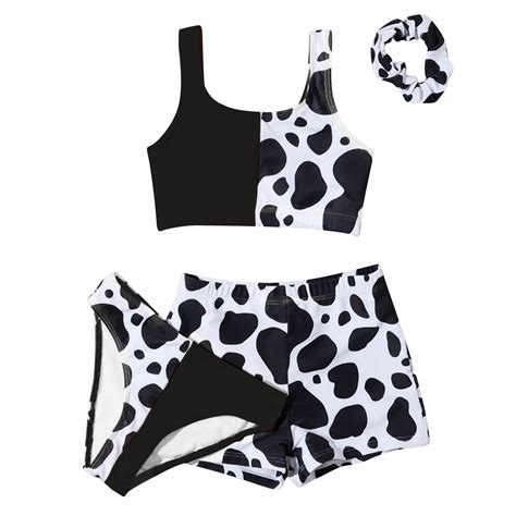 qiangong Girls Swimsuit Bikini Set, Cow Print, Black, 4-Piece Swimwear