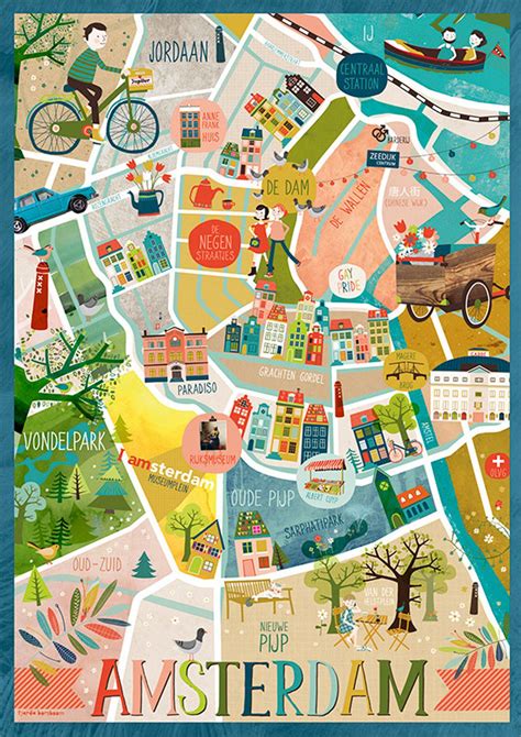 an illustrated map of the city of amsterdam, with many different