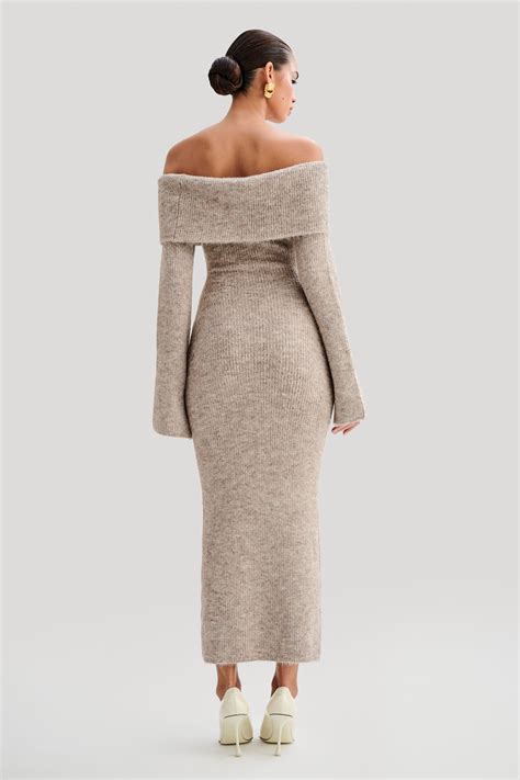 Baxter Off Shoulder Fluffy Knit Midi Dress - Taupe Marle- MESHKI U.S