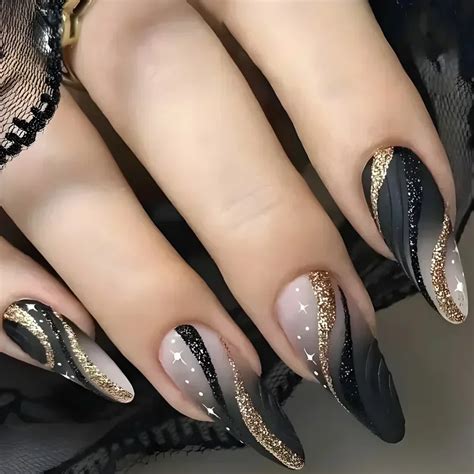 24Pcs-Pink-Almond-False-Nails-Shiny-Golden-Ripples-Stiletto-Fake-Nails ...
