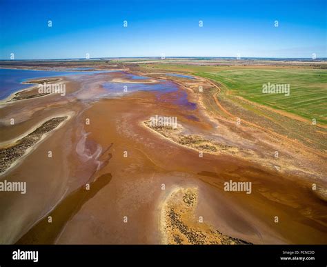 Aerial view of shallow salt lake Tyrrell in Sea Lake, Victoria ...