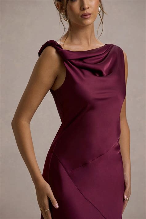 donelli plum satin asymmetric midi dress   plum colored