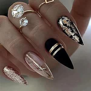 Amazon.com: Gold Black Press on Nails Medium Length Almond Fake Nails ...