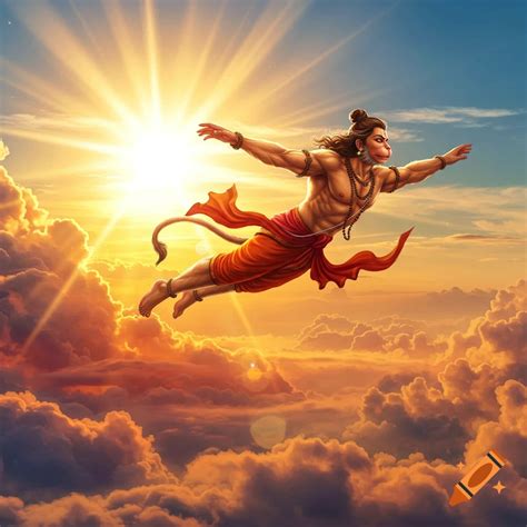 hanuman flies  vibrant clouds   sun   illustration