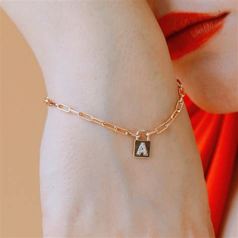 Diamond 14K Solid Gold Letter Bracelet, Initial Diamond Lock Bracelet ...